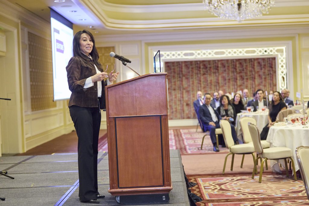 Judge Gibson at the podium for the 2024 UMBA Awards and Scholarship Banquet held at Little America Hotel