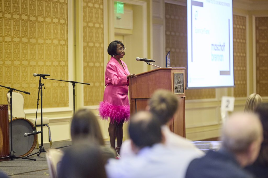 Judge Graves-Robertson at the podium for the 2024 UMBA Awards and Scholarship Banquet held at Little America Hotel