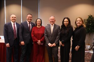 (Left to right) - Moderator Keith A. Call, House Speaker Mike Schultz, Bar CLE Director Michelle Oldroyd, Senate President Stuart Adams, Bar President Kim Cordova, Bar Executive Director Elizabeth Wright