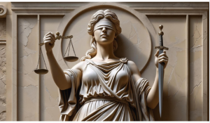 Lady Justice structure against decorative cement wall