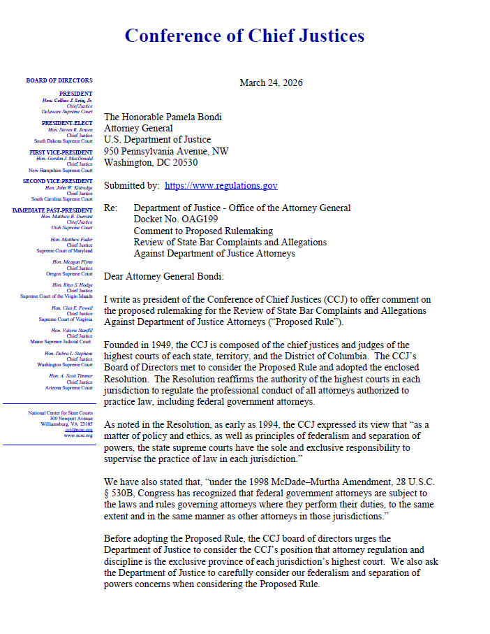Letter from Conference of Chief Justices in opposition to proposed DOJ Rule